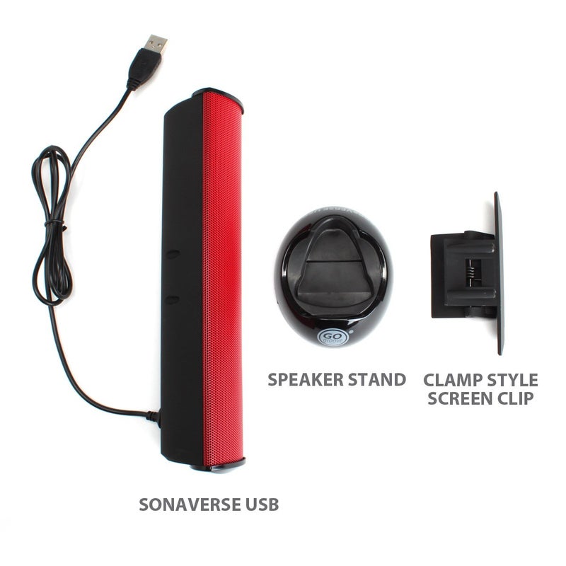 GoGroove مكبرات صوت GOgroove SonaVERSE USB لجهاز الكمبيوتر المحمول - شريط صوتي صغير يعمل بالطاقة من USB مع تصميم مكبر صوت خارجي محمول قابل للتثبيت على الشاشة، كابل واحد لإدخال الصوت الرقمي والطاقة (أحمر) - Image 2